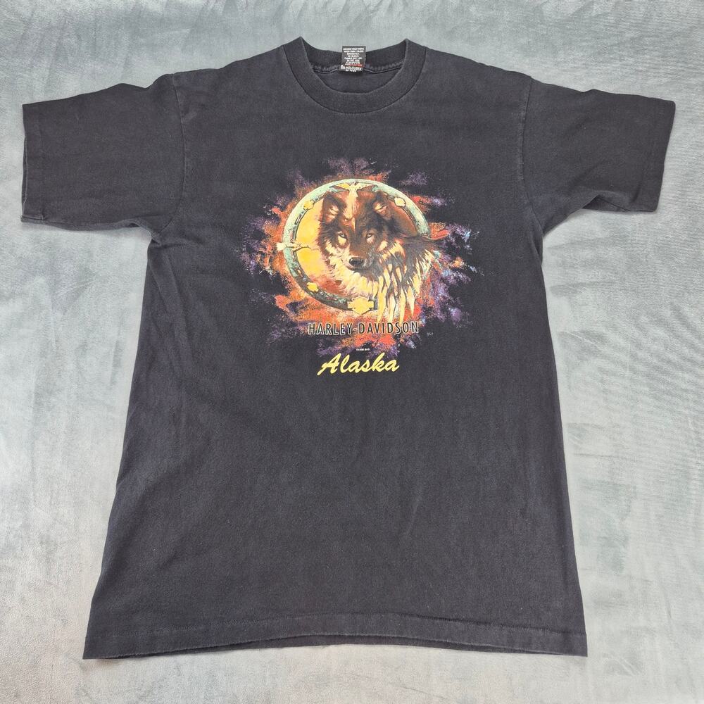 Vtg Harley Davidson Alaska Wolf, Bear, Eagle Double Sided Single Stitch 90s Sz M